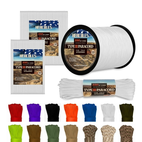 HERCULES Type III Paracord 550 Paracord Rope Parachute Cord, 250' White Paracord for Survival Paracord, Survival Cord
