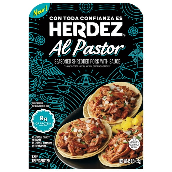 HERDEZ Al Pastor Slow Roasted Seasoned Shredded Pork, Microwaveable Entre, 15 oz Tray