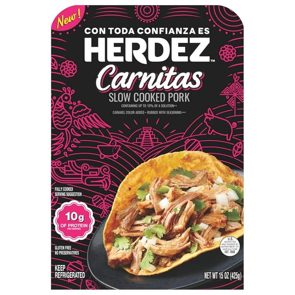 HERDEZ Fully Cooked Entree Pork Carnitas, 15 oz Microwaveable Tray Slow-Cooked Mexican Pork for Tacos & More