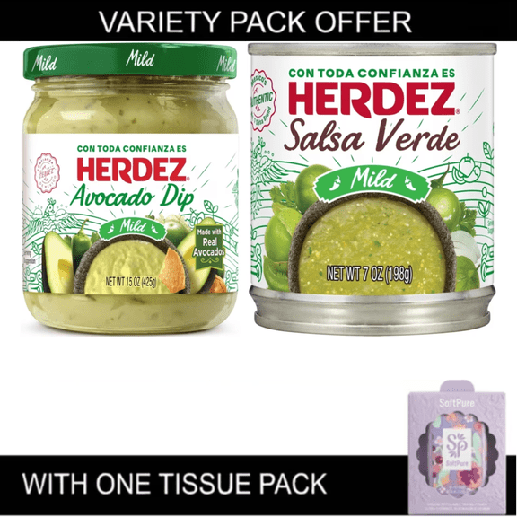 HERDEZ Mexican Dip & Salsa Variety Pack, Avocado Dip Mild & Salsa Verde Mild, 15 oz & 7 oz with Tissue Pack