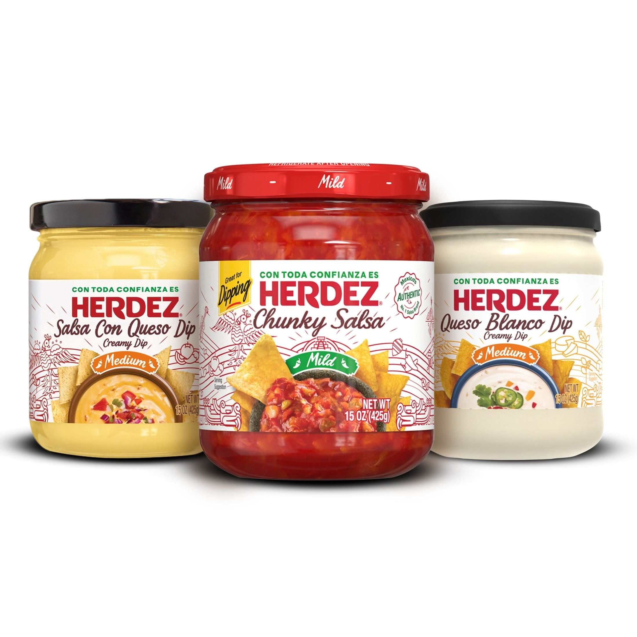 HERDEZ Queso and Salsa Variety Pack, Chunky Salsa Mild, Queso Blanco Medium, Salsa Con Queso Medium, 15oz, 3 Count