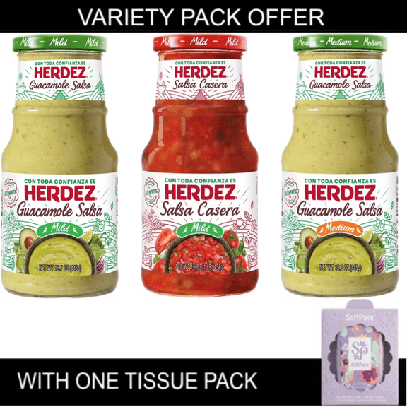 HERDEZ Salsa Variety Pack, Guacamole Salsa Medium, Guacamole Salsa Mild & Salsa Casera Mild with Tissue Pack