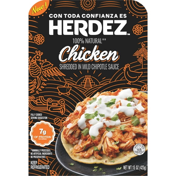 HERDEZ Shredded Slow Cooked Chicken, Microwaveable Entre, 15 oz Tray