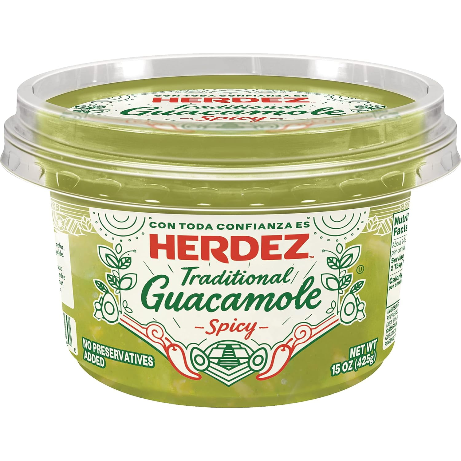 HERDEZ Traditional Spicy Guacamole, 15 oz Tub Gluten Free, Kosher, Authentic Mexican, Creamy & Spicy Guacamole for Mexican Dishes
