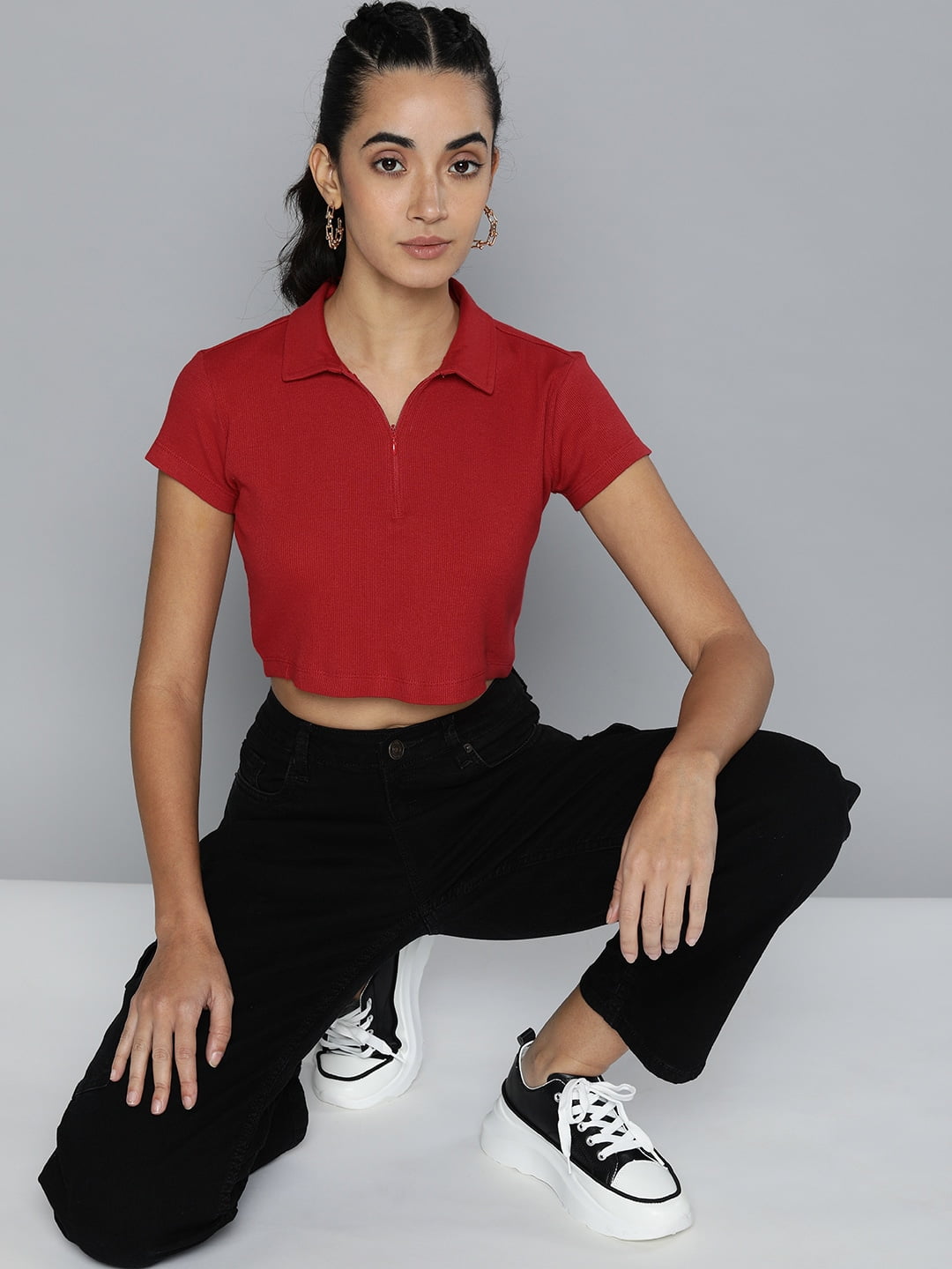 HERE&NOW - By Myntra Casual T-Shirts For Women Red Polo Collar Crop Short  Sleeves Solid Cotton Ready to Wear T-shirt Clothing Zip Closure Top 