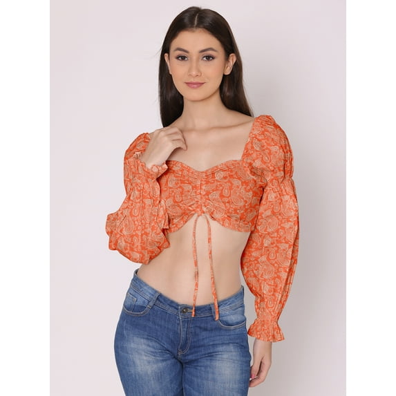 HERE&NOW Women's Printed Cotton Crop Top Long Balloon Sleeves Sweetheart Neck High Waist Summer Wear Western Style High Rise Top