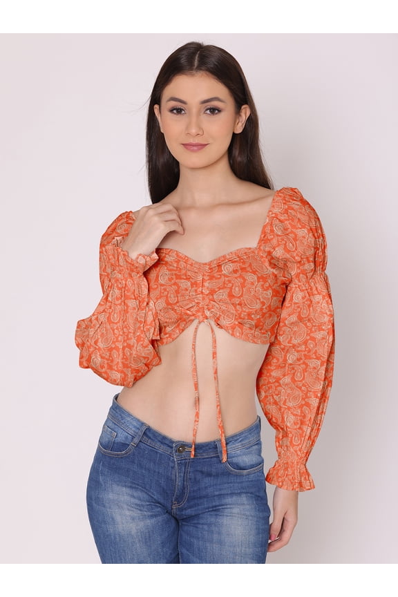 Women's Printed Cotton Crop Top Long Balloon Sleeves Sweetheart Neck High Waist Summer Wear Western Style High Rise Top