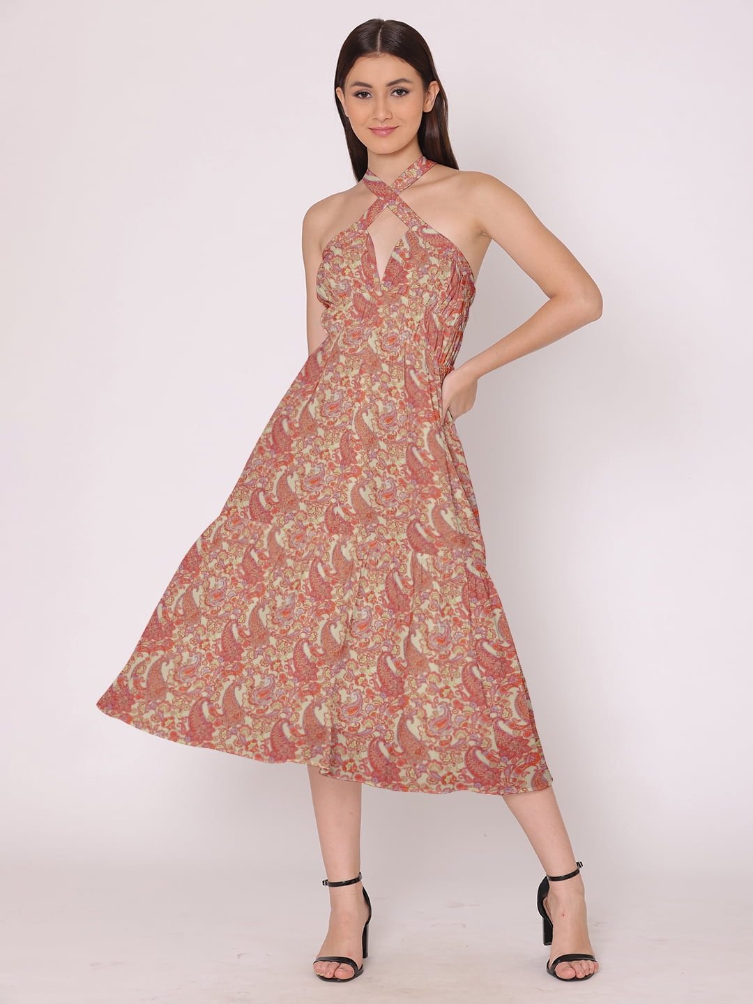 HERE&NOW Women's Printed Halter Neck Dress Sleeveless Calf Length Deep Neck Flared Printed Casual Georgette Dress - Walmart.com HERE&NOW Women's Printed Halter Neck Dress Sleeveless Calf Length Deep Neck Flared Printed Casual Georgette Dress - Walmart.com