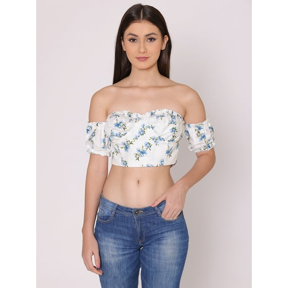 HERE&NOW Women's Printed Off Shoulder Cute Tube Top Short Puff Sleeves High Waist Casual Wear Summer Crop Top