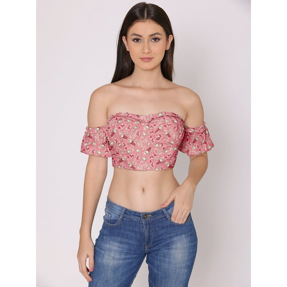 HERE&NOW Women's Printed Off Shoulder Cute Tube Top Short Puff Sleeves High Waist Casual Wear Summer Crop Top