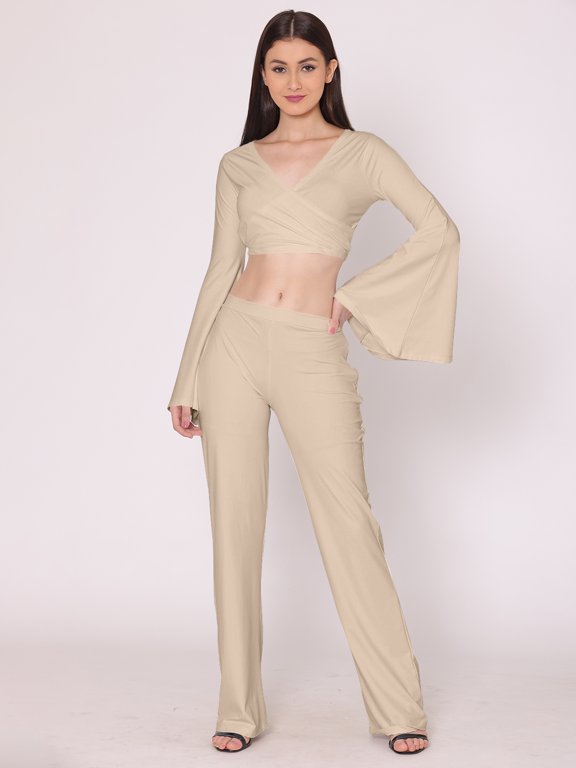 Women's Solid Co-Ord Set Dress Long Bell Sleeves Summer Top And Bottom Casual Summer Wear Top Lower Set