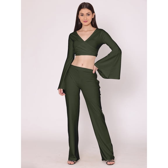 HERE&NOW Women's Solid Co-Ord Set Dress Long Bell Sleeves Summer Top And Bottom Casual Summer Wear Top Lower Set