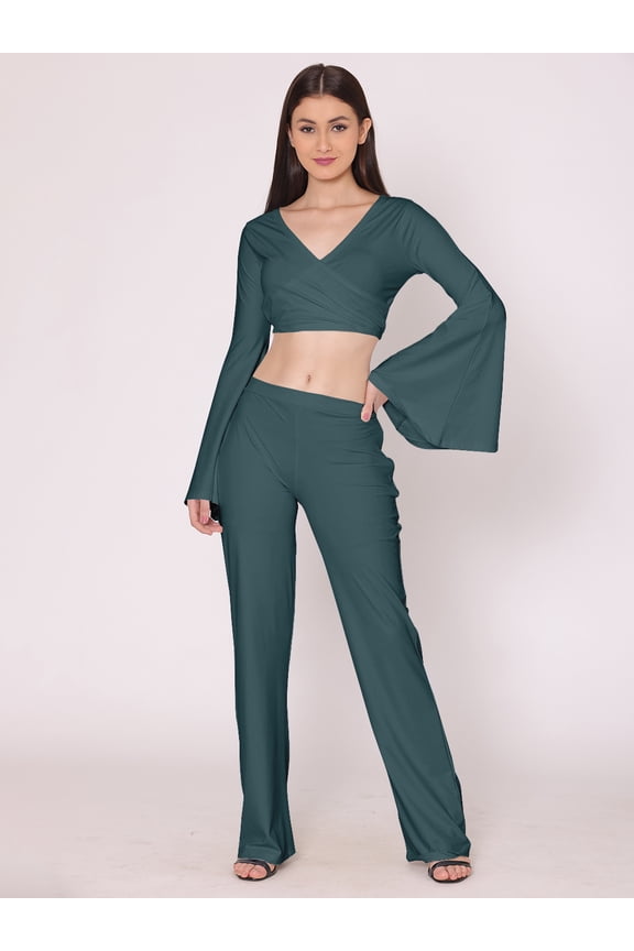 Women's Solid Co-Ord Set Dress Long Bell Sleeves Summer Top And Bottom Casual Summer Wear Top Lower Set