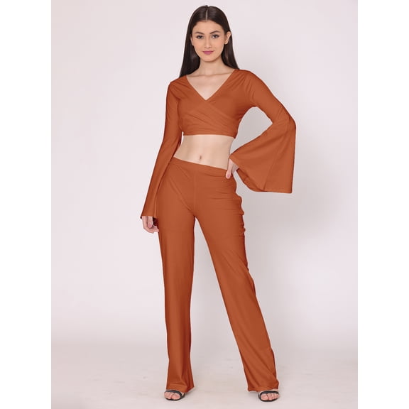 HERE&NOW Women's Solid Co-Ord Set Dress Long Bell Sleeves Summer Top And Bottom Casual Summer Wear Top Lower Set