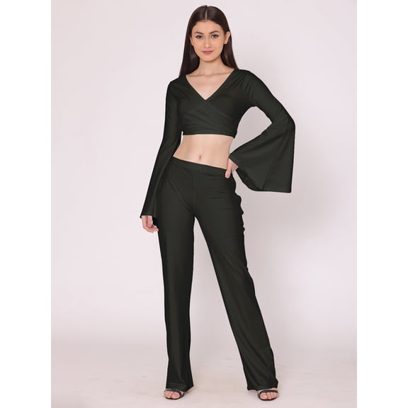 HERE&NOW Women's Solid Co-Ord Set Dress Long Bell Sleeves Summer Top And Bottom Casual Summer Wear Top Lower Set