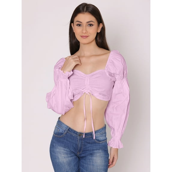 HERE&NOW Women's Solid Cotton Crop Top Long Balloon Sleeves Sweetheart Neck High Waist Summer Wear Western Style High Rise Top