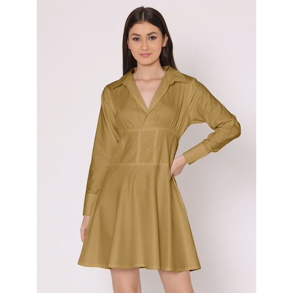 HERE&NOW Women's Solid Drop Shoulder Dress Plicated Detail Long Sleeves Satin Chic Summer Party Wear Dress