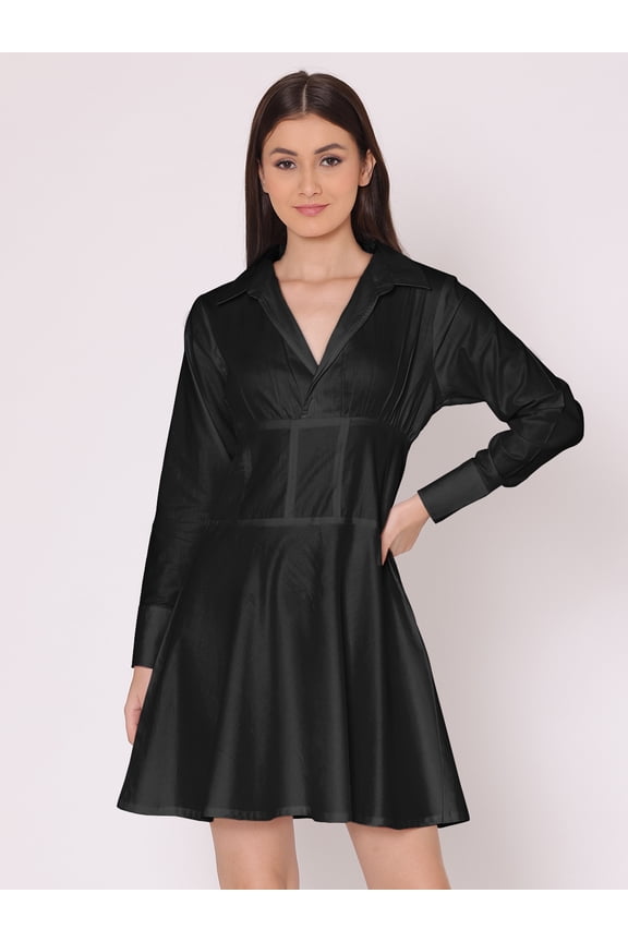 Women's Solid Drop Shoulder Dress Plicated Detail Long Sleeves Satin Chic Summer Party Wear Dress