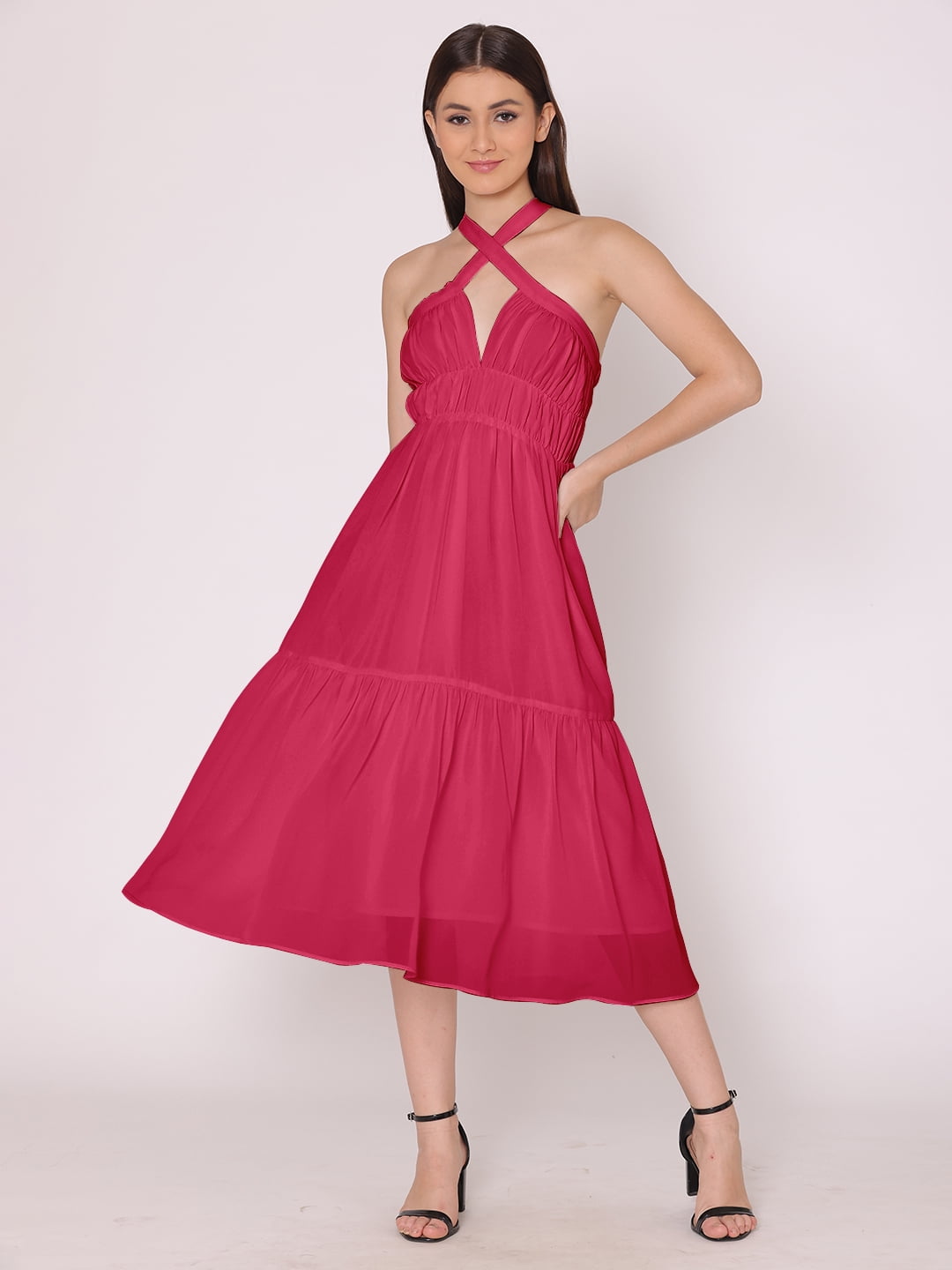 cross halter midi dress Black Pleated Cross Front Halter Midi Dress main image 0