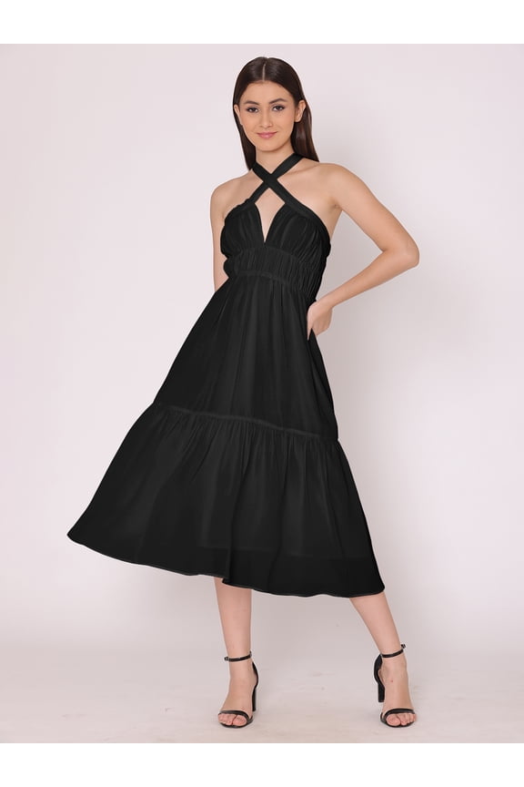 Women's Solid Halter Neck Dress Sleeveless Calf Length Deep Neck Flared Solid Casual Georgette Dress