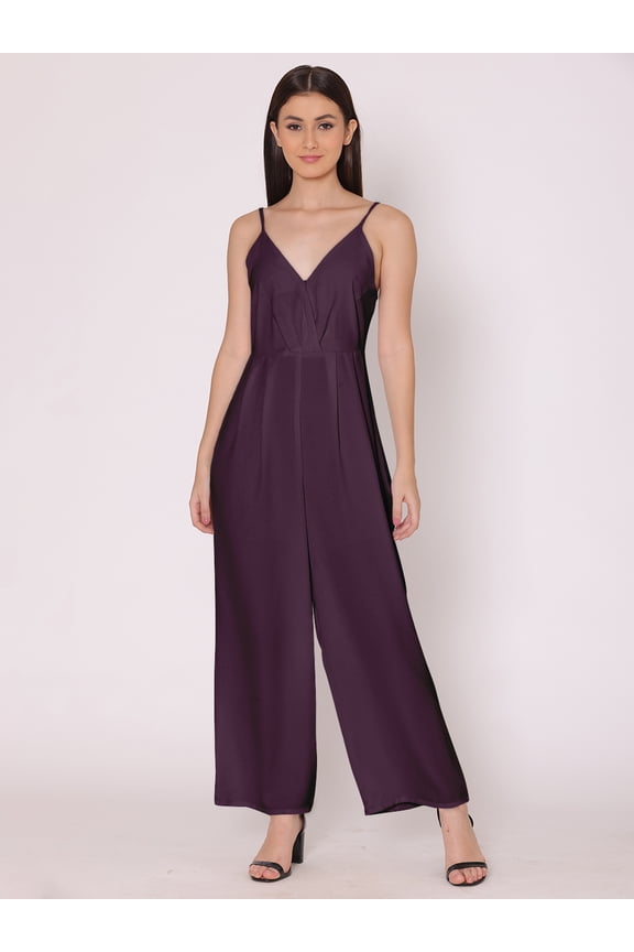 Women's Solid Jump Suit Dress Ankle Length Strappy Deep Neck Summer Wear Slip On Attched Top And Bottom Set