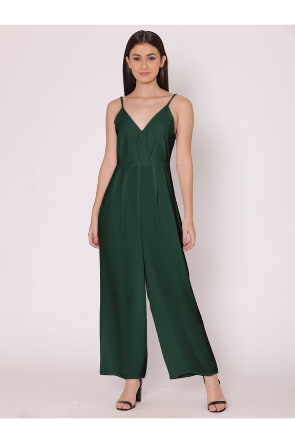 Women's Solid Jump Suit Dress Ankle Length Strappy Deep Neck Summer Wear Slip On Attched Top And Bottom Set