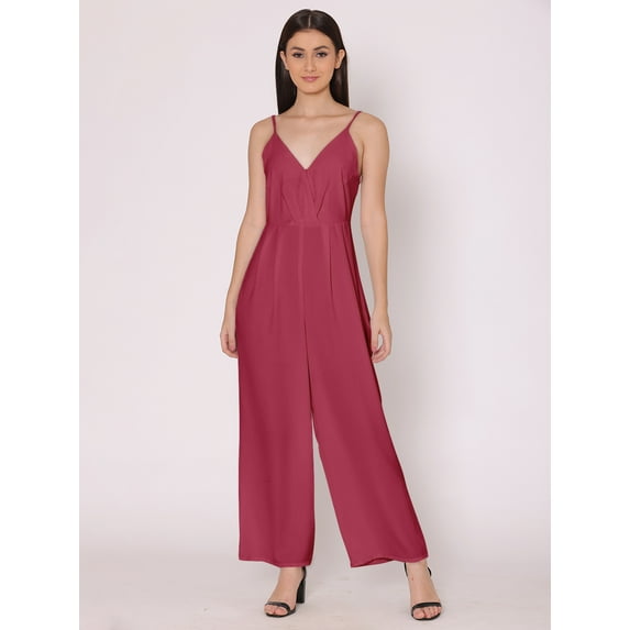 HERE&NOW Women's Solid Jump Suit Dress Ankle Length Strappy Deep Neck Summer Wear Slip On Attched Top And Bottom Set
