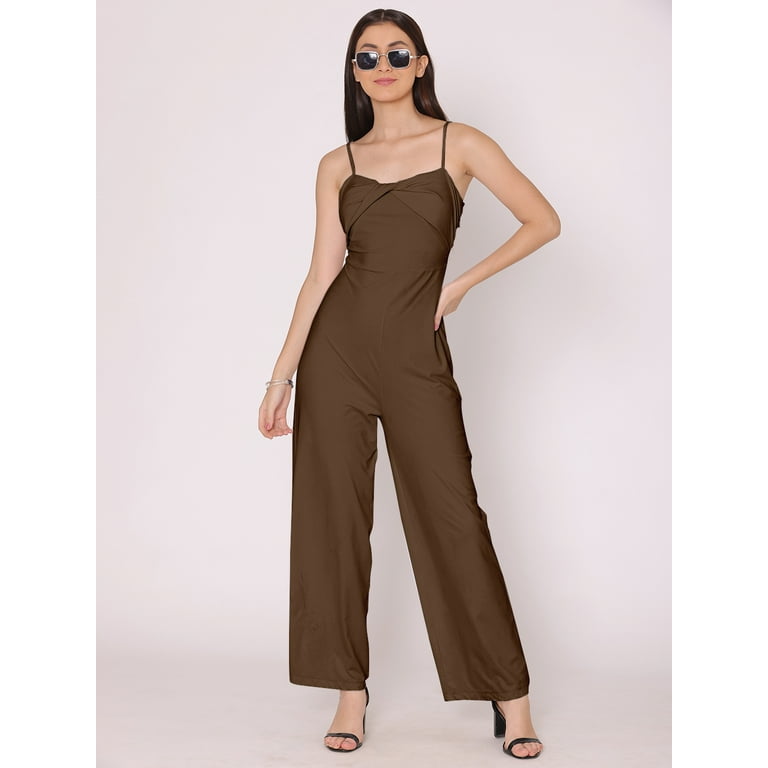 HERE&NOW Women's Solid Jump Suit Dress Sleeveless Casual Strappy Summer  Wear Slip On Attched Top And Bottom Set
