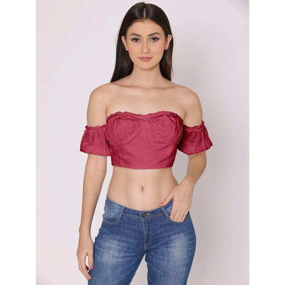 HERE&NOW Women's Solid Off Shoulder Cute Tube Top Short Puff Sleeves High Waist Casual Wear Summer Crop Top
