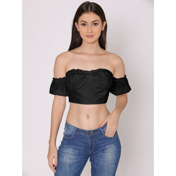 HERE&NOW Women's Solid Off Shoulder Cute Tube Top Short Puff Sleeves High Waist Casual Wear Summer Crop Top