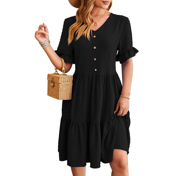 HERESOM Dresses for Women Summer Women's Spring/Summer V Neck Waist Wrapped 5/4 Sleeves 100 Pleated Dress