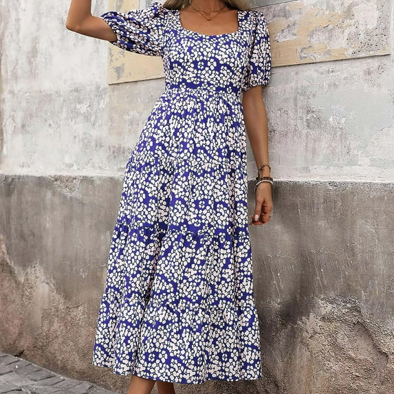 HERESOM Dresses for Women Summer Women's Summer Bohemian Neck Sleeves Folded Open Back Printed High Waist Short Sleeve Dress For Women
