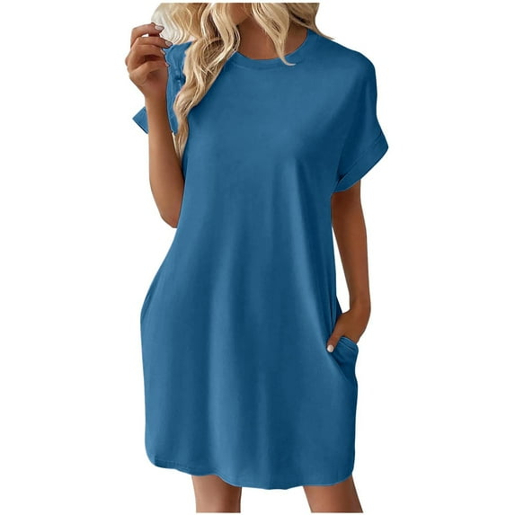 HERESOM Dresses for Women Summer Women's Summer Fashion Solid Color Pocket Short Sleeve Round Neck Dres