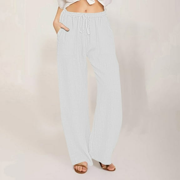 HERESOM Lounge Pants for Women Cotton Linen Wide Leg Lightweight Summer Casual Loose Trousers with Pockets