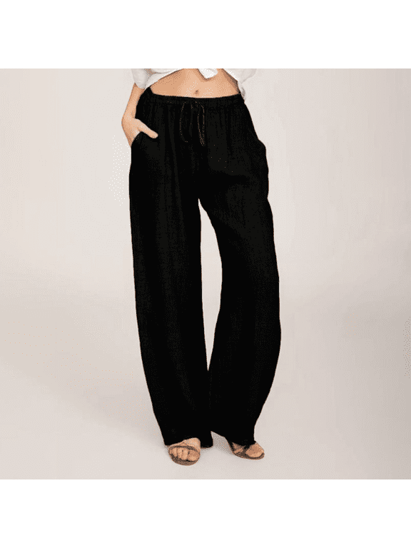 Pants for Women Flowy Casual Drawstring Waist Wide Leg Loose Cotton Linen Palazzo Pants with Pocket S-4XL