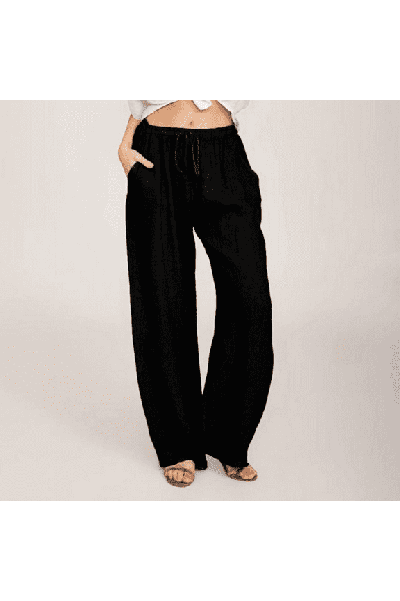 Pants for Women Flowy Casual Drawstring Waist Wide Leg Loose Cotton Linen Palazzo Pants with Pocket S-4XL