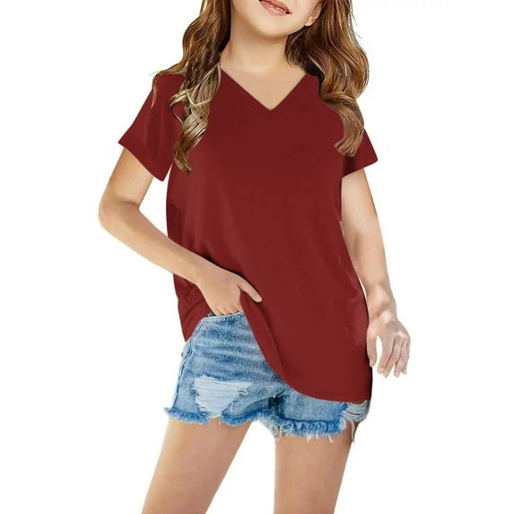 HERESOM Shirts for Girls Short Sleeve Solid T-Shirt V Neck Top Summer Fashion Girls And Boy T-Shirt Tee for 3-14 Years