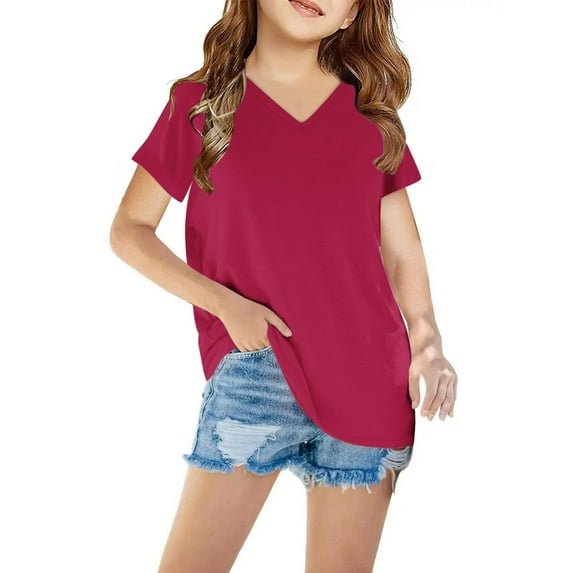 HERESOM Shirts for Girls Short Sleeve Solid T-Shirt V Neck Top Summer Fashion Girls And Boy T-Shirt Tee for 3-14 Years