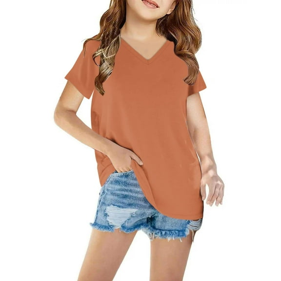 HERESOM Shirts for Girls Short Sleeve Solid T-Shirt V Neck Top Summer Fashion Girls And Boy T-Shirt Tee for 3-14 Years