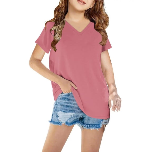 HERESOM Shirts for Girls Short Sleeve Solid T-Shirt V Neck Top Summer Fashion Girls And Boy T-Shirt Tee for 3-14 Years