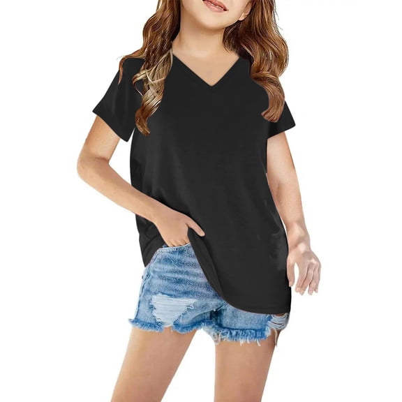HERESOM Shirts for Girls Short Sleeve Solid T-Shirt V Neck Top Summer Fashion Girls And Boy T-Shirt Tee for 3-14 Years