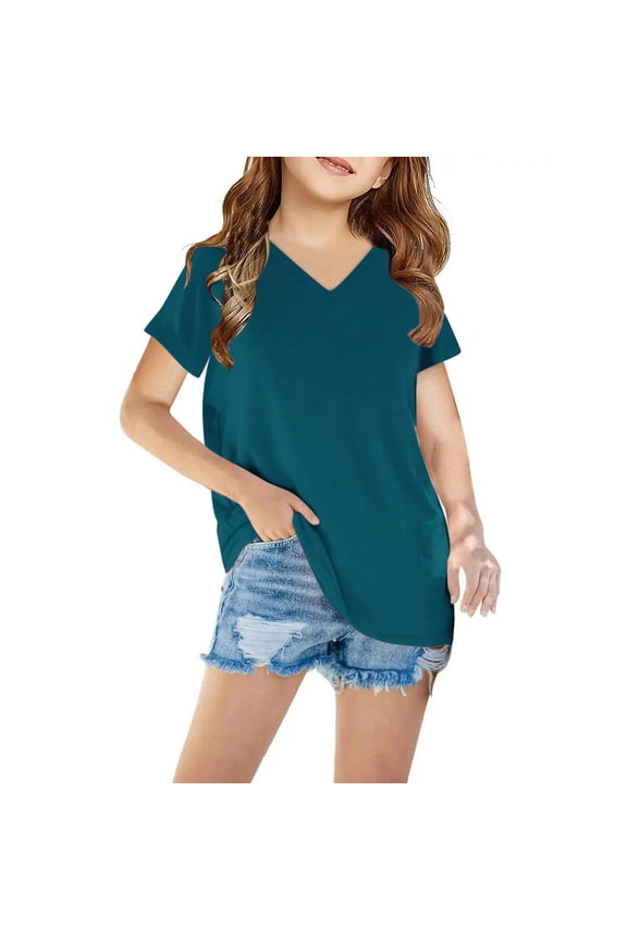 Shirts for Girls Short Sleeve Solid T-Shirt V Neck Top Summer Fashion Girls And Boy T-Shirt Tee for 3-14 Years