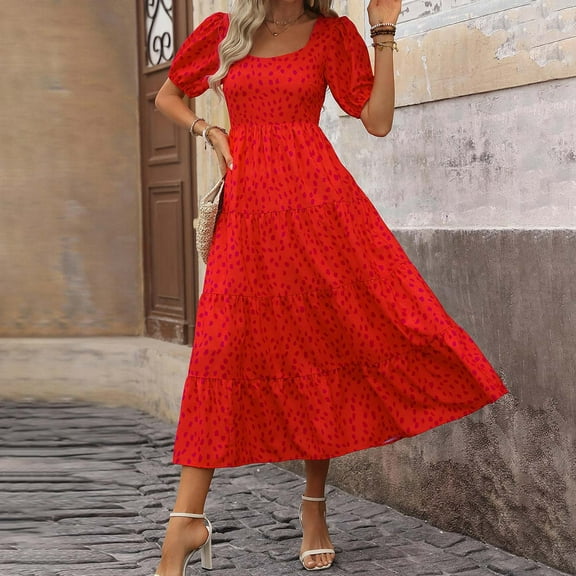 HERESOM Sun Dresses for Women Plus Size Women's Summer Bohemian Neck Sleeves Folded Open Back Printed High Waist Short Sleeve Dress For Women