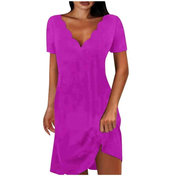 HERESOM Sun Dresses for Women Plus Size Women's Fashion Solid Color Short Short Sleeve V Neck Mid Calf Dress