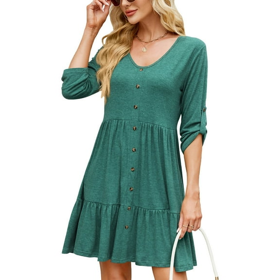 HERESOM Sun Dresses for Women Plus Size Women's Fashion Solid Middle Sleeves Round Neck Patchwork Dress