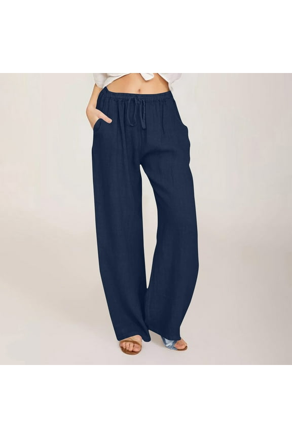 Women Plus Size Cotton Linen Wide Leg Pants Casual Loose Fit Elastic High Waist Drawstring Palazzo Pants Trousers Womens Clothes S-4XL