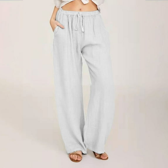 HERESOM Women Plus Size Cotton Linen Wide Leg Pants Casual Loose Fit Elastic High Waist Drawstring Palazzo Pants Trousers Womens Clothes S-4XL