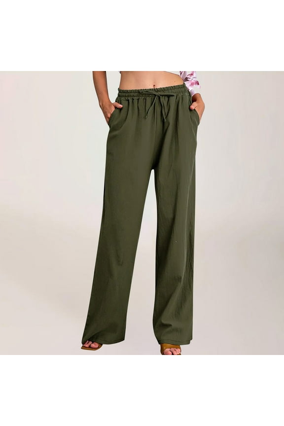 Women Plus Size Cotton Linen Wide Leg Pants Casual Loose Fit Elastic High Waist Drawstring Palazzo Pants Trousers Womens Clothes S-4XL
