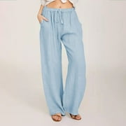 HERESOM Women Plus Size Cotton Linen Wide Leg Pants Casual Loose Fit Elastic High Waist Drawstring Palazzo Pants Trousers Womens Clothes S-4XL