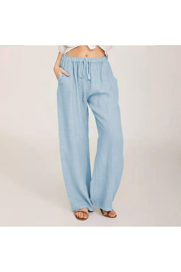 Women Plus Size Cotton Linen Wide Leg Pants Casual Loose Fit Elastic High Waist Drawstring Palazzo Pants Trousers Womens Clothes S-4XL